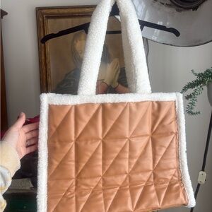 Elegant Tan Quilted Tote with White Trim